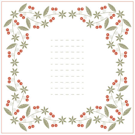 Square frame with red berries, green leaves and flowers isolated on white background. Vector image.のイラスト素材