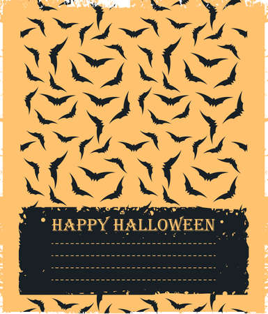 Stylish card with flying bats silhouettes isolated on orange background can be used for greeting card, poster, banner and invitation. Halloween Wallpaper for your creative designs.のイラスト素材