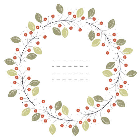 Stylish circle frame with red flowers and green leaves isolated on white background can be used for greeting card, baby shower, invitation, cover and more designs.のイラスト素材