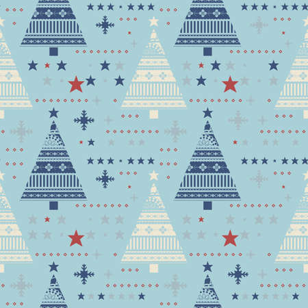 Cute seamless pattern with stars, christmas trees, snowflakes.  Happy New Year background. Vector...