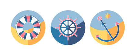 Summer flat design icons with anchor, sun and helm for your creative designs. Vector image.のイラスト素材