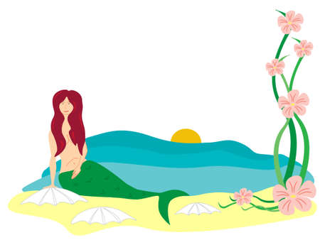 mermaid on a beach with a pink flowered plantのイラスト素材