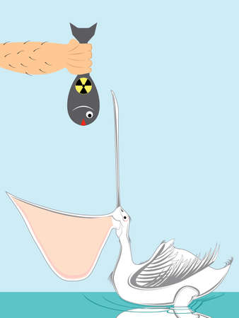 vector illustration of a pelican eating toxic fish. Pollution conceptのイラスト素材