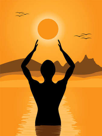 vector illustration of a man in a river praying at sunriseのイラスト素材