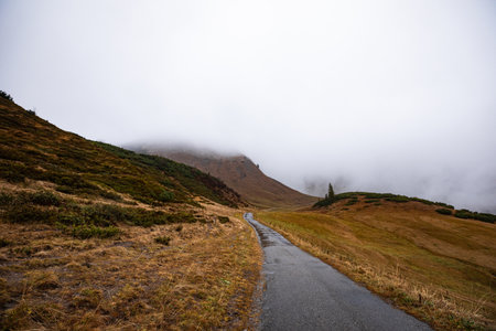 Alpine scenery high in the mountains in autumn, the road in the fog, the texture of stone and grass, clouds envelop the mountainsの写真素材