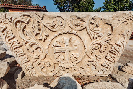 Close-up of ancient stone columns in a historic Turkish city. Intricate carvings and weathered textures reflect the architectural grandeur and rich history of the ancient civilization.の写真素材