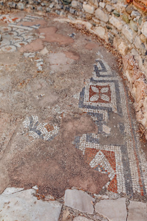Remains of an ancient mosaic on the floor of an ancient templeの写真素材