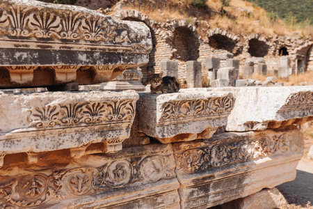 Close-up of ancient stone columns in a historic Turkish city. Intricate carvings and weathered textures reflect the architectural grandeur and rich history of the ancient civilization.の写真素材