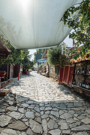 Charming, cozy shops line the narrow streets of an ancient city. A picturesque blend of history and local culture, perfect for travel and heritage themesの写真素材