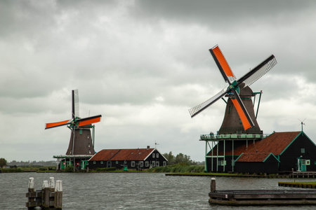 Traditional Dutch windmills in Zaanse Schans, Netherlandsの写真素材