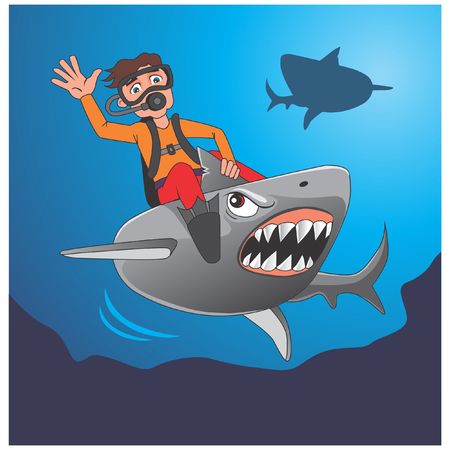 Diver riding sharkのイラスト素材
