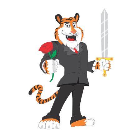 Tiger holding flower and swordのイラスト素材
