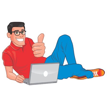 Blogger sitting relaxed in front of the laptopのイラスト素材