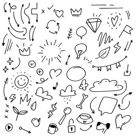 Doodle sketch illustration. Abstract arrows, ribbons and other elements in hand drawn style for concept design.のイラスト素材