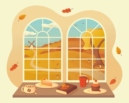 Autumn landscape with mushrooms and fallen leaves view window backgroundのイラスト素材