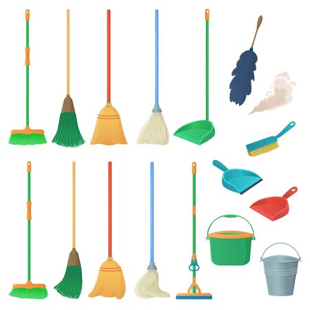 Cartoon household equipment set. A broom sweeps dust and dirt on scoop. mop or swab, feather duster, plastic bucket.Cleaning services, concept. Objects isolated white background. Stock vectorのイラスト素材