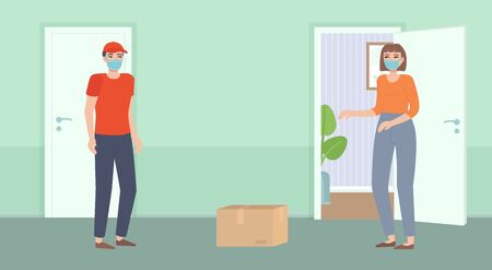 Safe contactless food delivery. Courier in mask bring package. Girl standing behind open door. Distance during quarantine. Online ordering, delivery concept. Stock vector illustration in flat cartoon.のイラスト素材