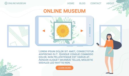 Online museum web banner template. Stay home, interactive gallery, exhibit digital education, mobile excursion, quarantine entertainment concept. Stock vector illustration in flat cartoon style.のイラスト素材