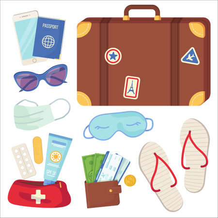 Set of travel essential objects. Passenger luggage, holiday journey, tourism and travel, planning vacation during covid social distance concept. Stock vector illustration isolated on white backgroundのイラスト素材
