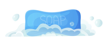 Blue solid soap with bubble and foam. Fresh, clean, hygiene, skin care cosmetic, wash hands, bath accessories concept. Stock vector illustration in flat cartoon style isolated on whiteのイラスト素材
