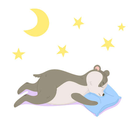 Cute little badger sleeping on pillow. Dream, woodland animl, children design, nurcery concept. Can be used as kids poster. Stock vector illustration in flat cartoon style isolated on whiteのイラスト素材