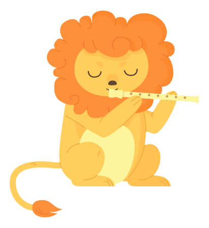 Cute african lion with eyes closed plays the flute. Mesic education, lids band concept. Stock vector illustration isolated on white background in flat cartoon style.のイラスト素材