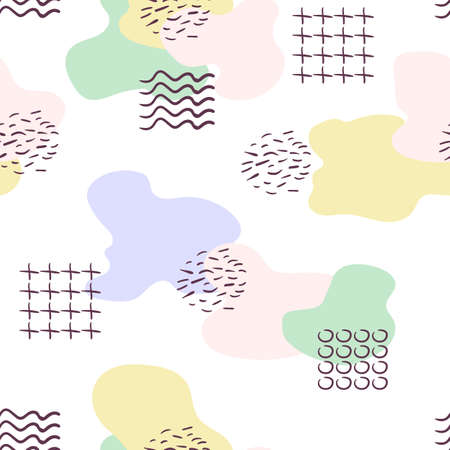 Trendy Abstract memphis geometric pastel seamless pattern. liquid fluid shapes with dots, curved lines, plus, circles elements. Stock vector illustration isolated on white background in flat hand drawn style.のイラスト素材