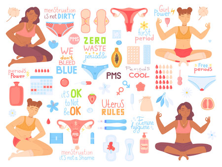 Period and woman health concept. Girl in pain, PMS, lettering, zero waste menstruation symbol. Feminine hygiene, tampons, pads.のイラスト素材