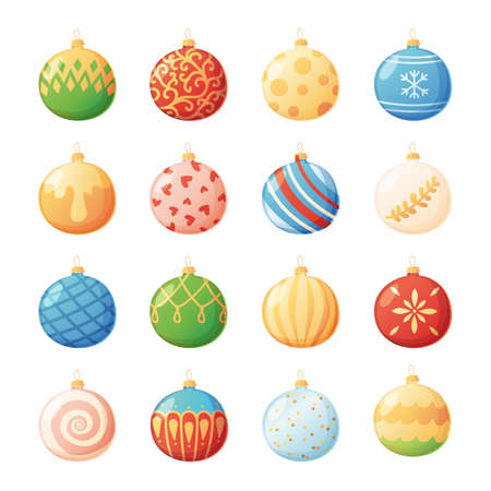 Set of christmas elegant traditional and modern balls in realistic cartoon style.のイラスト素材