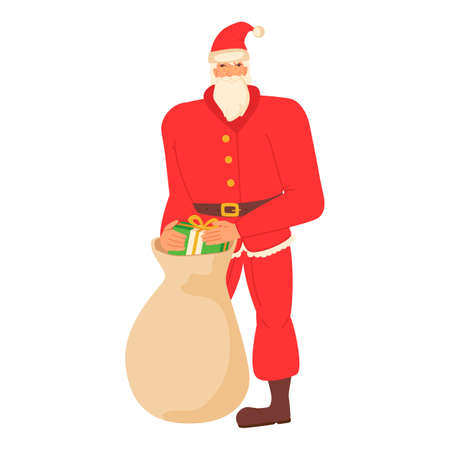 Santa claus holding a bag with presents in flat cartoon style.のイラスト素材