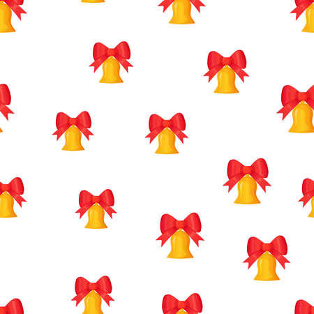 Gold jingle bell with red bow seamless christmas patternのイラスト素材