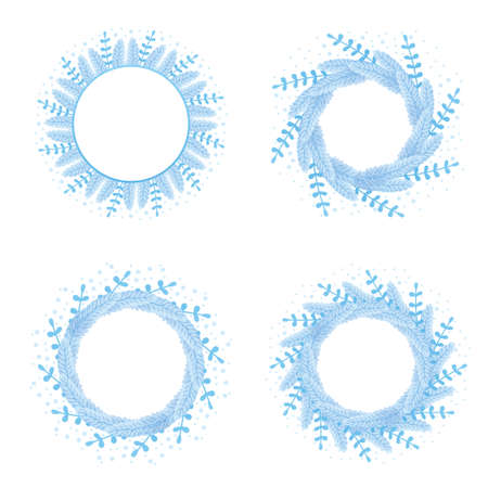 Set of silver christmas frames new year decoration snow branch fir in cartoon styleのイラスト素材