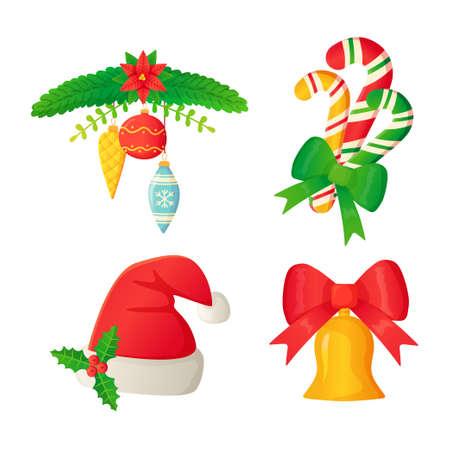 Christmas elements set candy cane christmas hat tree branch ornate balls bows and hollyのイラスト素材