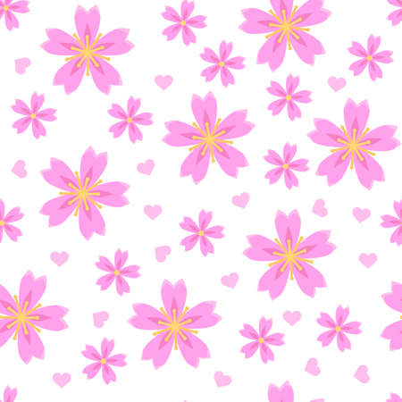 Sakura flower seamless pattern. Japanese cherry print. Romantic spring floral Illustration in flat cartoon style.のイラスト素材