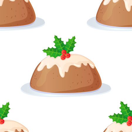 Traditional english christmas pudding seamless pattern with icing and hollyのイラスト素材