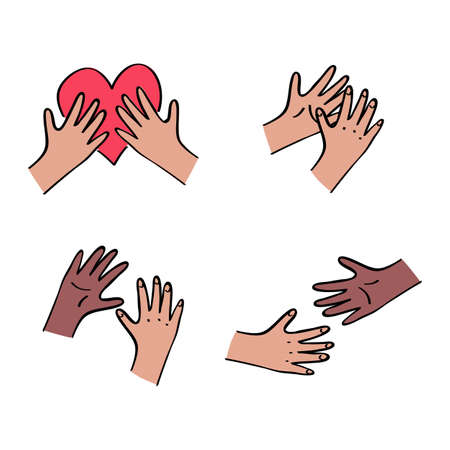Kids hands interans set. Holding heart, reaching out to each other. Charity donation, social care, diversity concept. Vollunteer logo. Outline with color illustration in hand drawn styleのイラスト素材