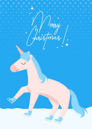 Funny christmas greeting card unicorn ice skating. Stock vector illustration isolated on a white background in flat cartoon styleのイラスト素材
