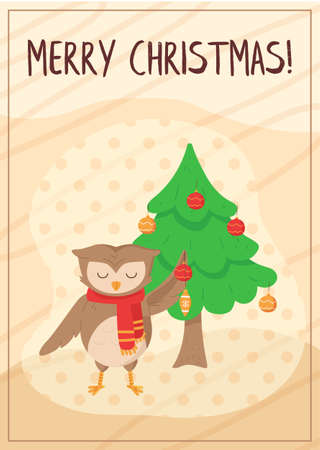 Cute owl decorating christmas tree card. Vector illustration isolated on white background in flat cartoon styleのイラスト素材