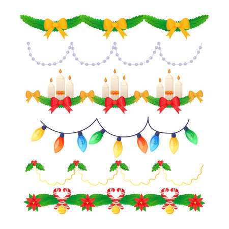 Christmas ornate garland set. Fir branch with christmas balls, bows, candles, electric lights.のイラスト素材