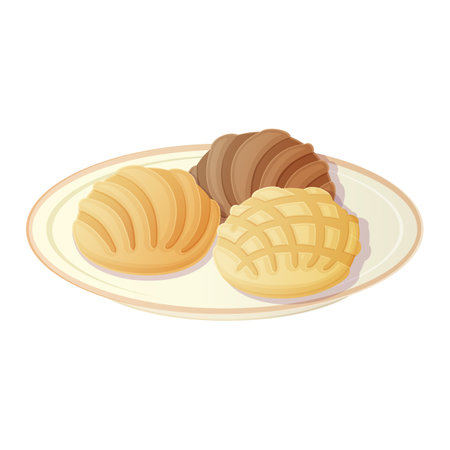 Mexican sweet bun Concha dish. Latino american food illustration isolated on white in cartoon style.のイラスト素材