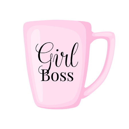 Inspirational pink mug with text Girl Boss isolated on white background in flat cartoon style.のイラスト素材