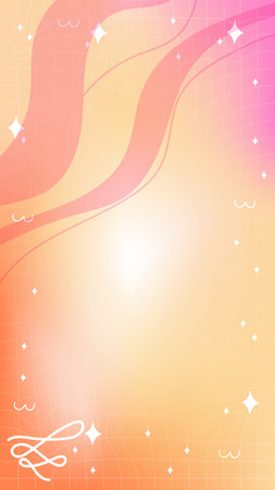 Trendy yellow orange pink blurry mesh gradient abstract storic template background with copy space and hand drawn Kawaii Y2K line and wave elements smooth and rounded doodlesのイラスト素材