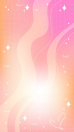 Trendy yellow orange pink blurry mesh gradient abstract storic template background with copy space and hand drawn Kawaii Y2K line and wave elements smooth and rounded doodlesのイラスト素材