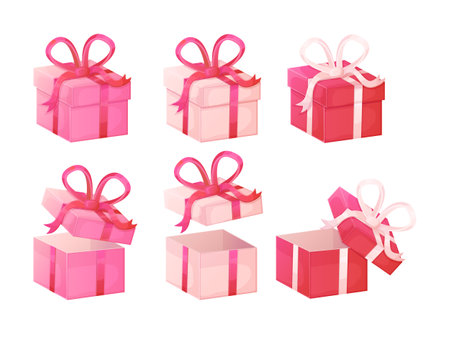 Closed and opened pink and red boxes set with red, white ribbon bows.のイラスト素材