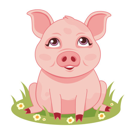 ute pretty pig on a meadow. Stock vector illustration isolated on white background in flat cartoon style.のイラスト素材