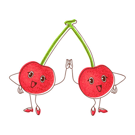An illustration of cherries happily giving a high five gesture, symbolizing positivity and a cheerful attitude.のイラスト素材