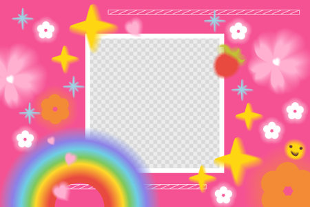 Hot pink crazy acid y2k aura aesthetic background. Bold graphic illustration with stars, flowers, rainbow. With place for photo. Can be used as wallpaper. Stock vector illustration with kawaii modern elements.のイラスト素材