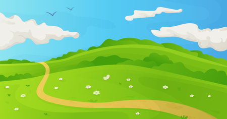 Summer prairie landscape. Grass fields with flowers and sky with fluffy clouds.のイラスト素材