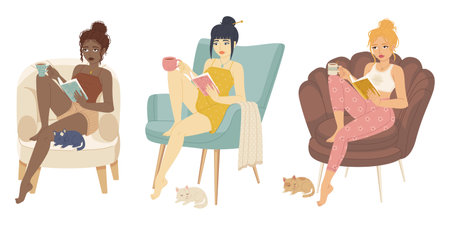 Set of Girls with cats reading a book at a comfy armchair. Cozy home leisure, book worm, self education concept. Racial diversity concept.のイラスト素材