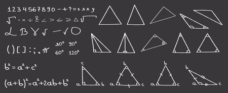 Triangles collection with science formulas. Childish chalk drawing for school. Stock vector...